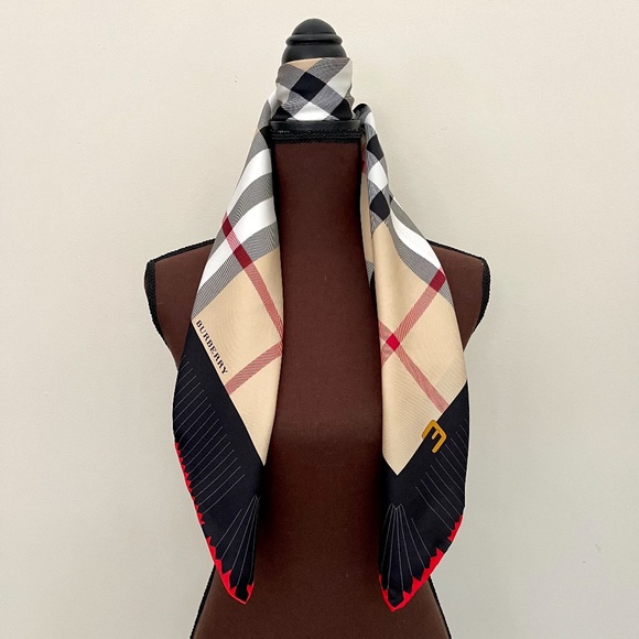 New Burberry Iconic Beige Check Black Red Border Silk Scarf - Picture 1 of 12